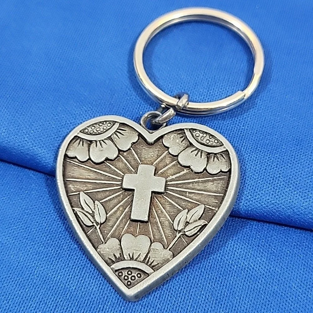 Christian Cross Pewter Keychain Easter Risen Heart Souvenir